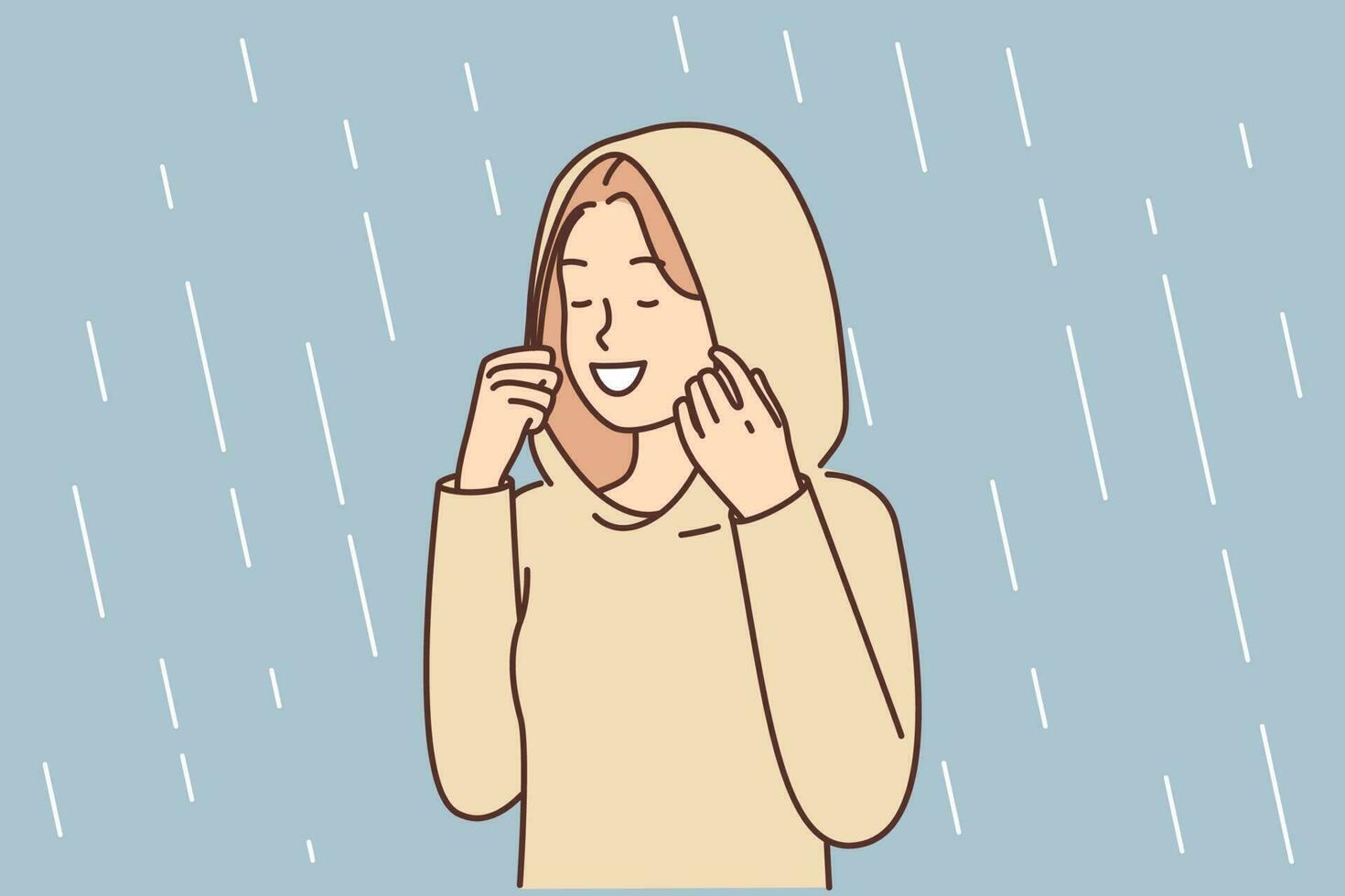 contento mujer disfruta otoño lluvia en pie en otoño impermeable con capucha ese protege en contra gotas. positivo niña condimento primavera clima y precipitación con tormenta lluvia después largo sequía vector