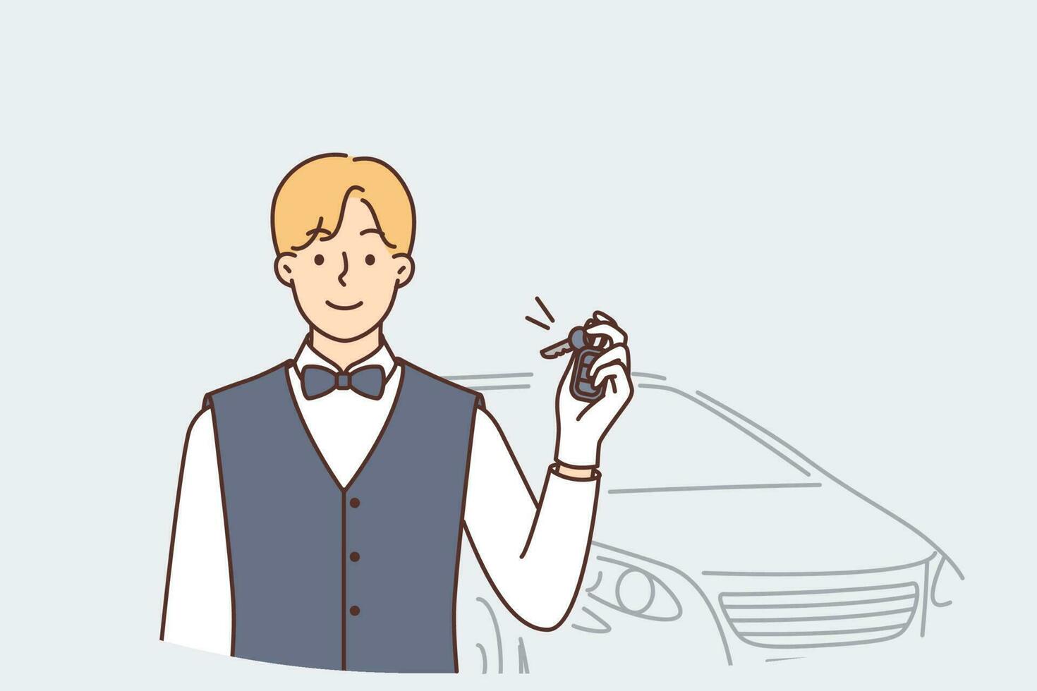 Man butler holding car keys offering to park automobile at event with vip guests. Young guy working as valet or bellboy in luxury hotel looks at camera and holds out keys to sedan car vector