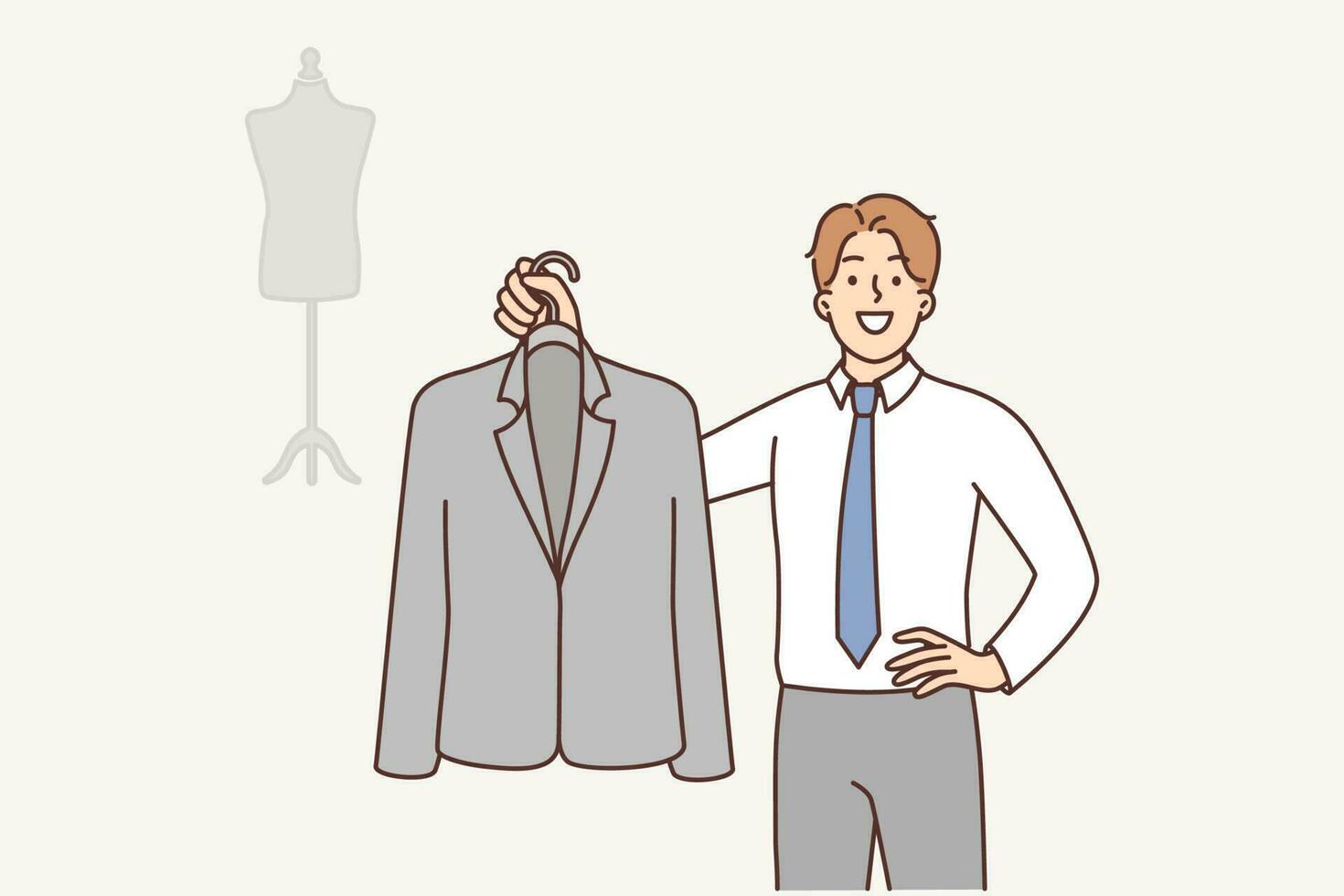 Man fashion designer is holding business suit on hanger providing tailoring services. Guy working as fashion designer demonstrates new or repaired jacket and looks at camera smiling vector