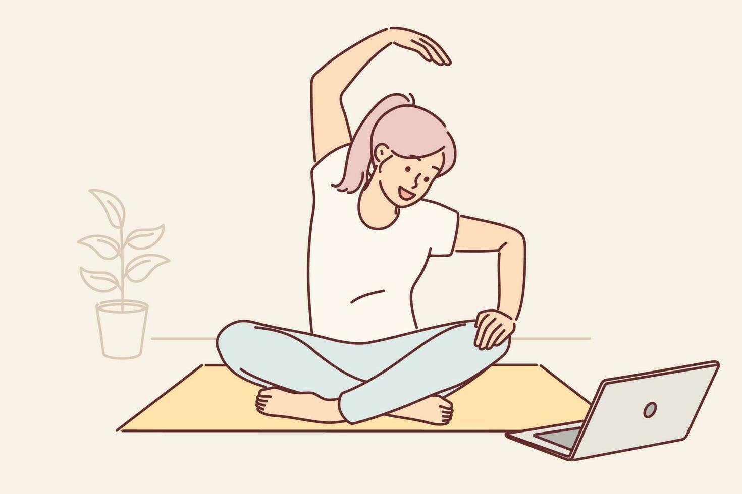 Woman sits on yoga mat and looks at laptop screen doing exercises during online broadcast for subscribers. Girl fitness trainer conducts internet yoga training and demonstrating stretching exercises vector