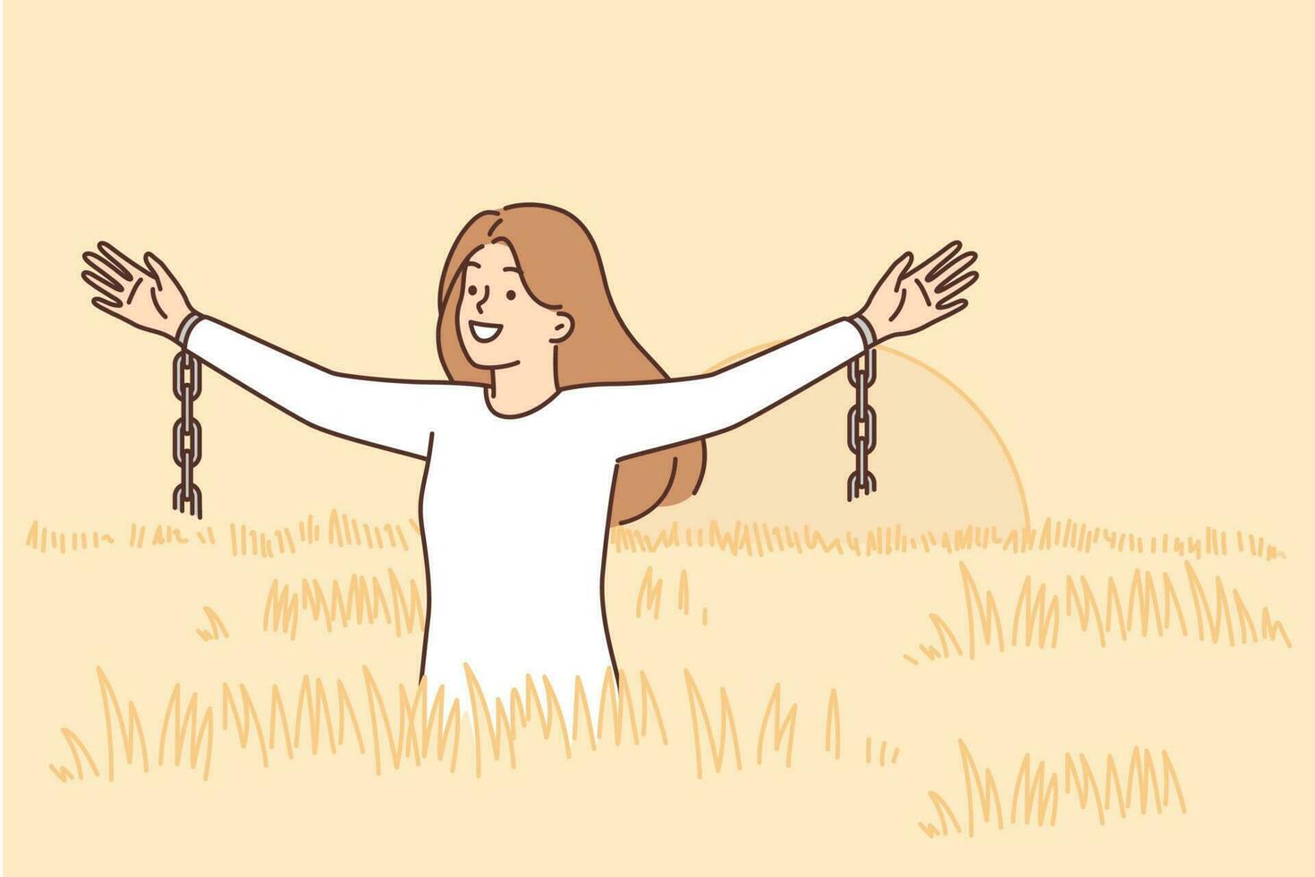 Woman feels freedom and happiness standing in field among tall grass and waving arms with fragments of chains. Girl freed from chains enjoys walking in ecologically clean place not spoiled by people vector