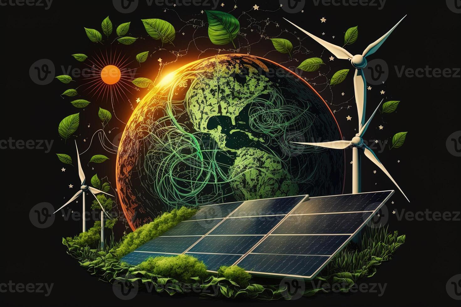 Renewable energy background with green energy as wind turbines and solar panels. green energy concept energy sources sustainable Ecology Elements photo