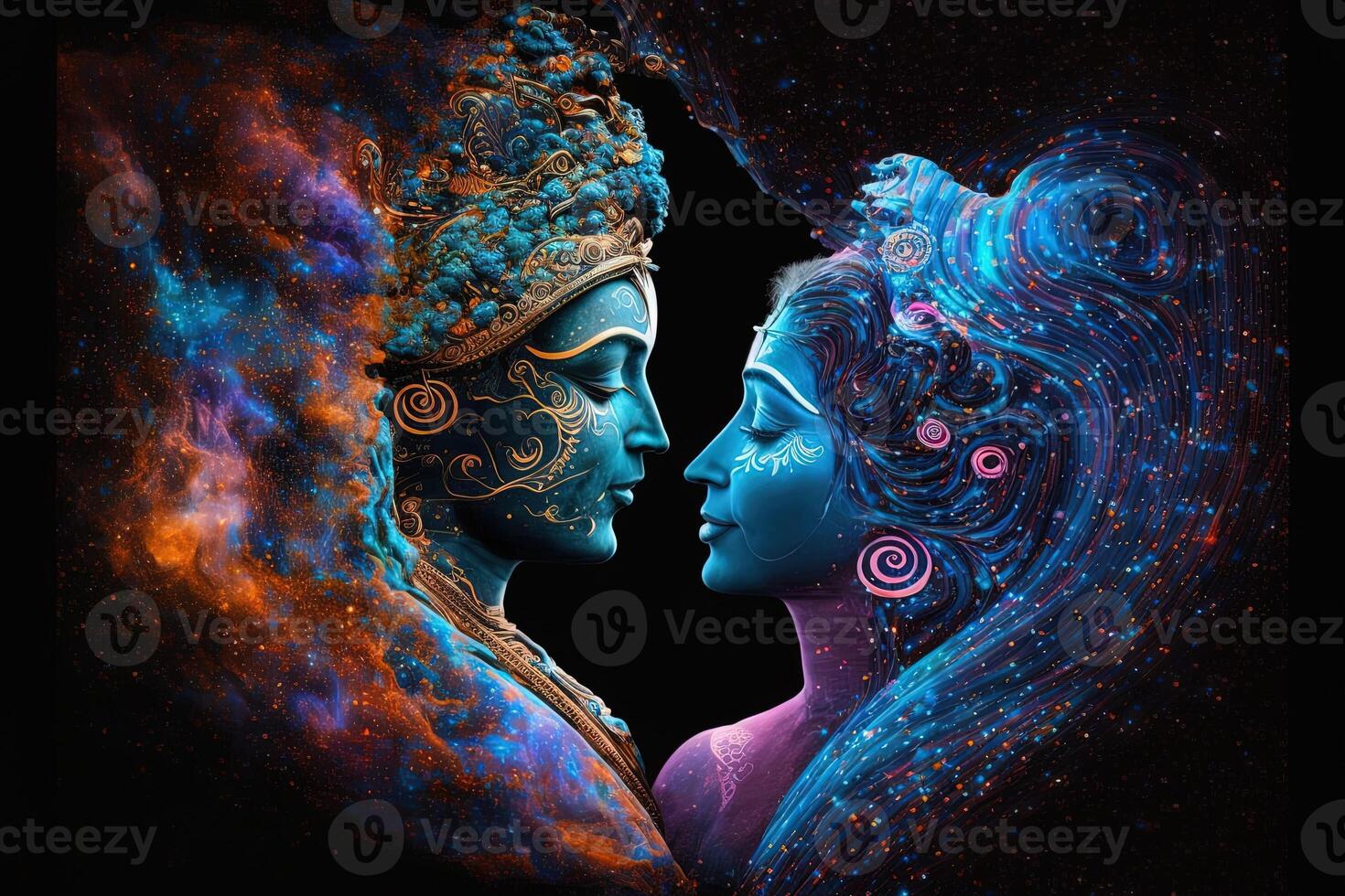 Radha krishna in love medium shot photography portrait of cosmic galactic . symbol of Devine Love. Art Print For Home Decor hindu couple on abstract decorative background photo