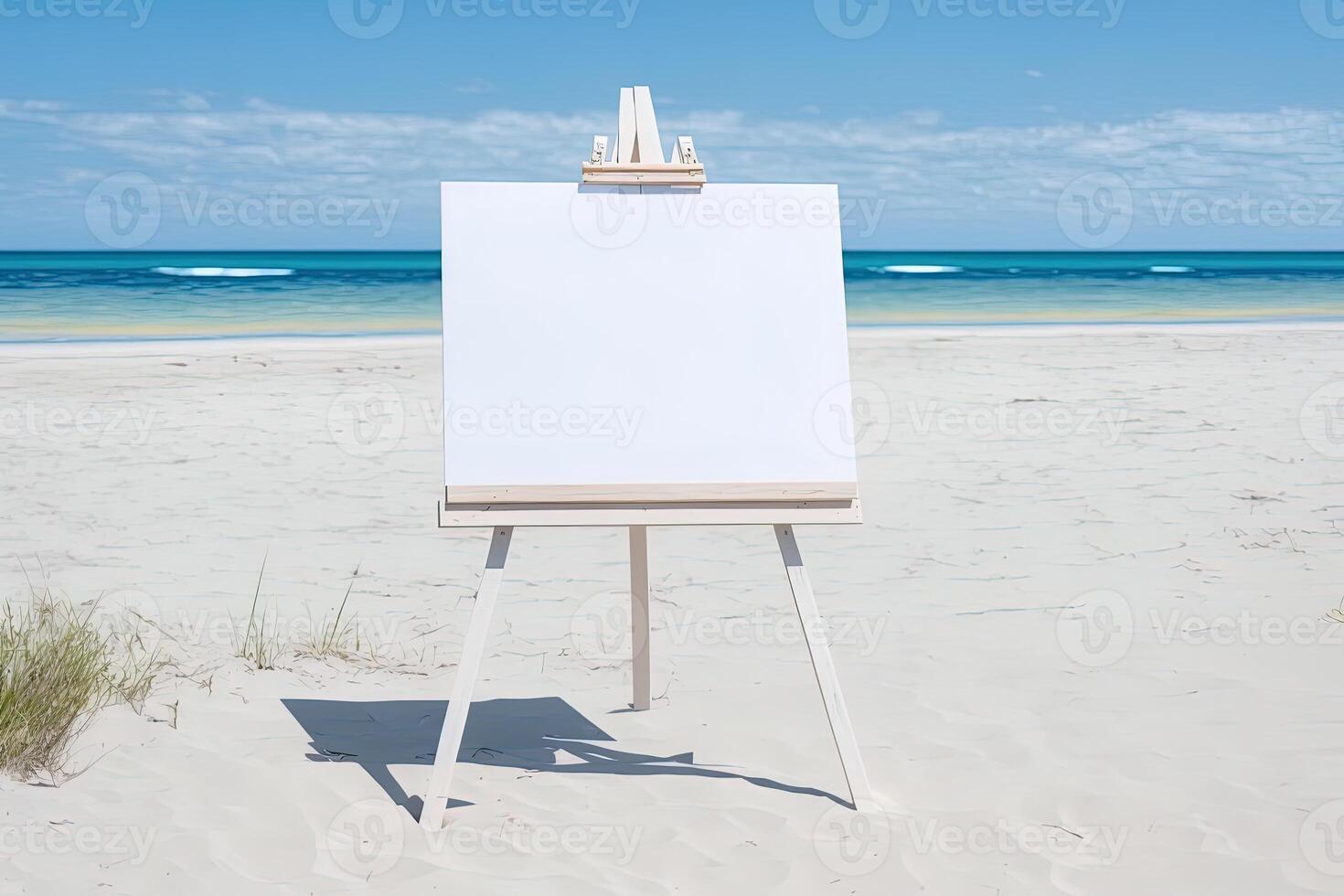 White blank artist frame on a small wooden easel on summer sea beach background with copy space. Advertising mockup artboard for pictures or artwork. Painting frame template banner. photo