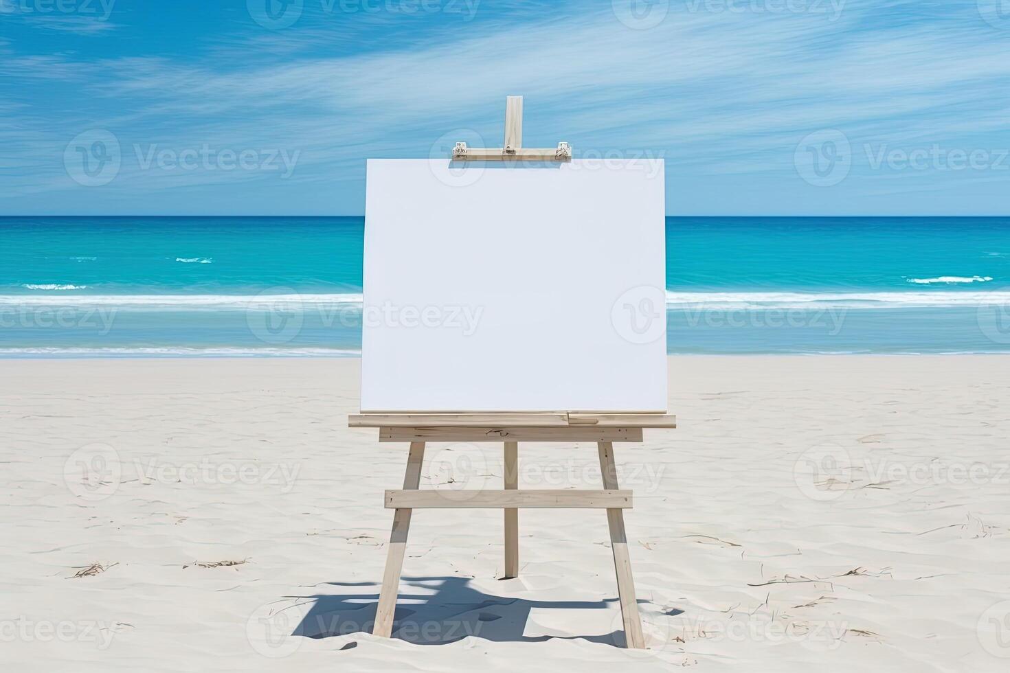 White blank artist frame on a small wooden easel on summer sea beach background with copy space. Advertising mockup artboard for pictures or artwork. Painting frame template banner. photo