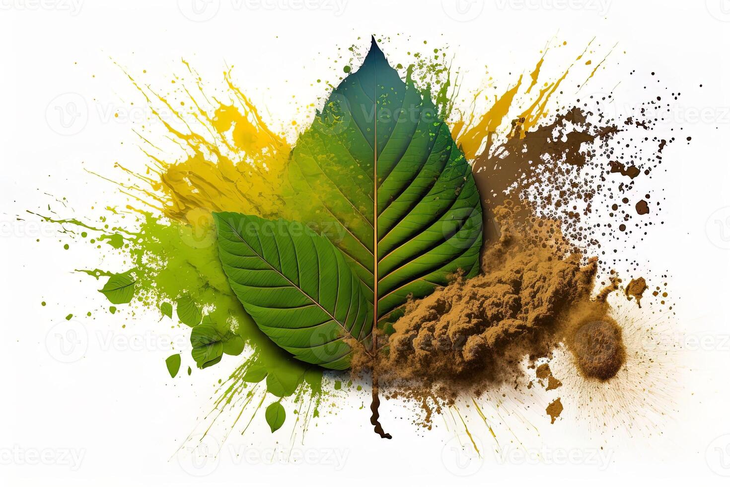 powder flavored explosion white background with kratom leafs mockup for matcha tea. photo