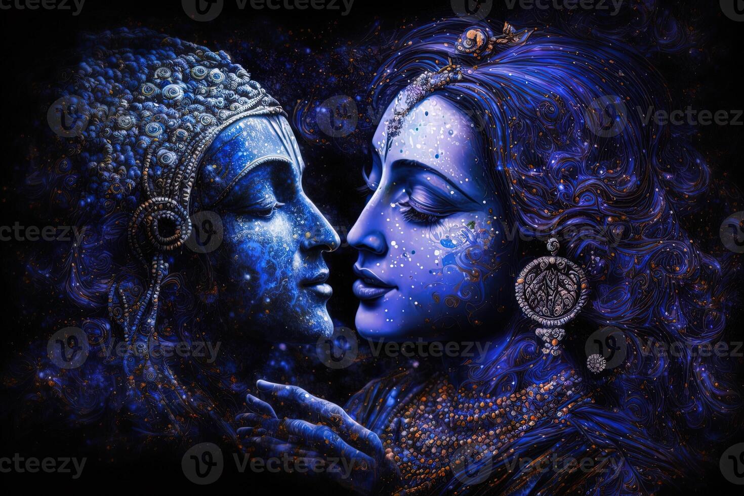 radha Krishna en amor medio Disparo fotografía retrato de cósmico galáctico generativo ai. símbolo de divino amor. Arte impresión para hogar decoración hindú Pareja en resumen decorativo antecedentes foto