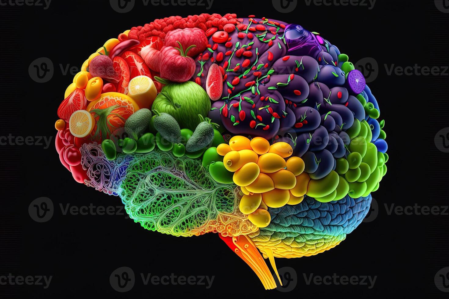 Human brain made of fruits and vegetables created using technology. Concept of nutritious foods for brain health and memory. Illustration Healthy brain food to boost brainpower nutrition photo