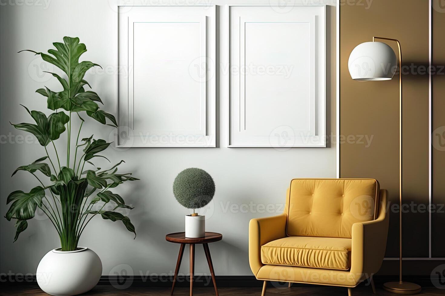 Two Vertical Blank Picture Frame Mockup on The Wall, Mid Century Living Room - . Blank picture frame mockup on wall in modern interior. Artwork template mock up in interior design. photo