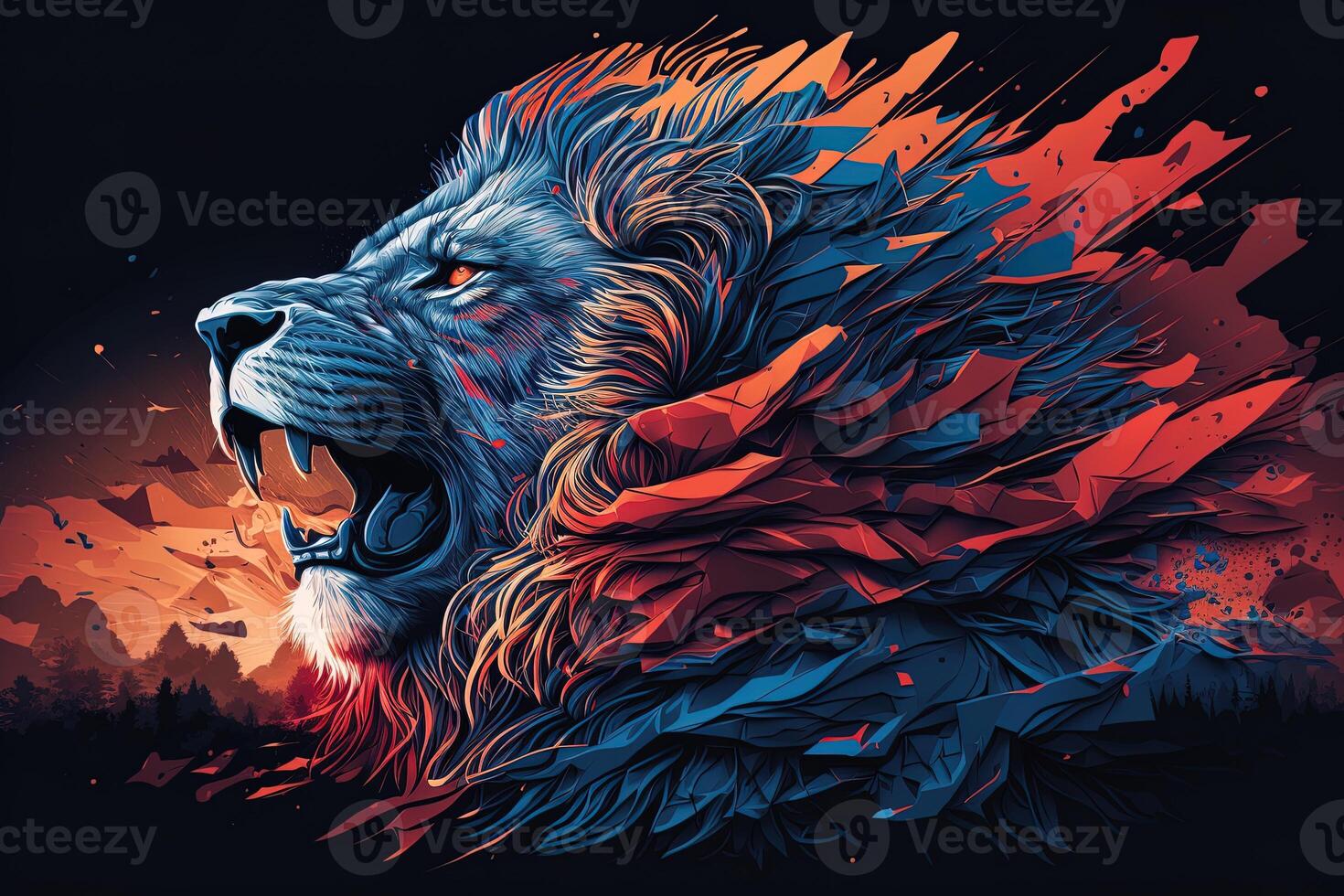 Poster of Lion roaring, Abstract poster of a dangerous and powerful roaring male lion. . Creative fire flames art paint coming from the mad king of the jungle. photo