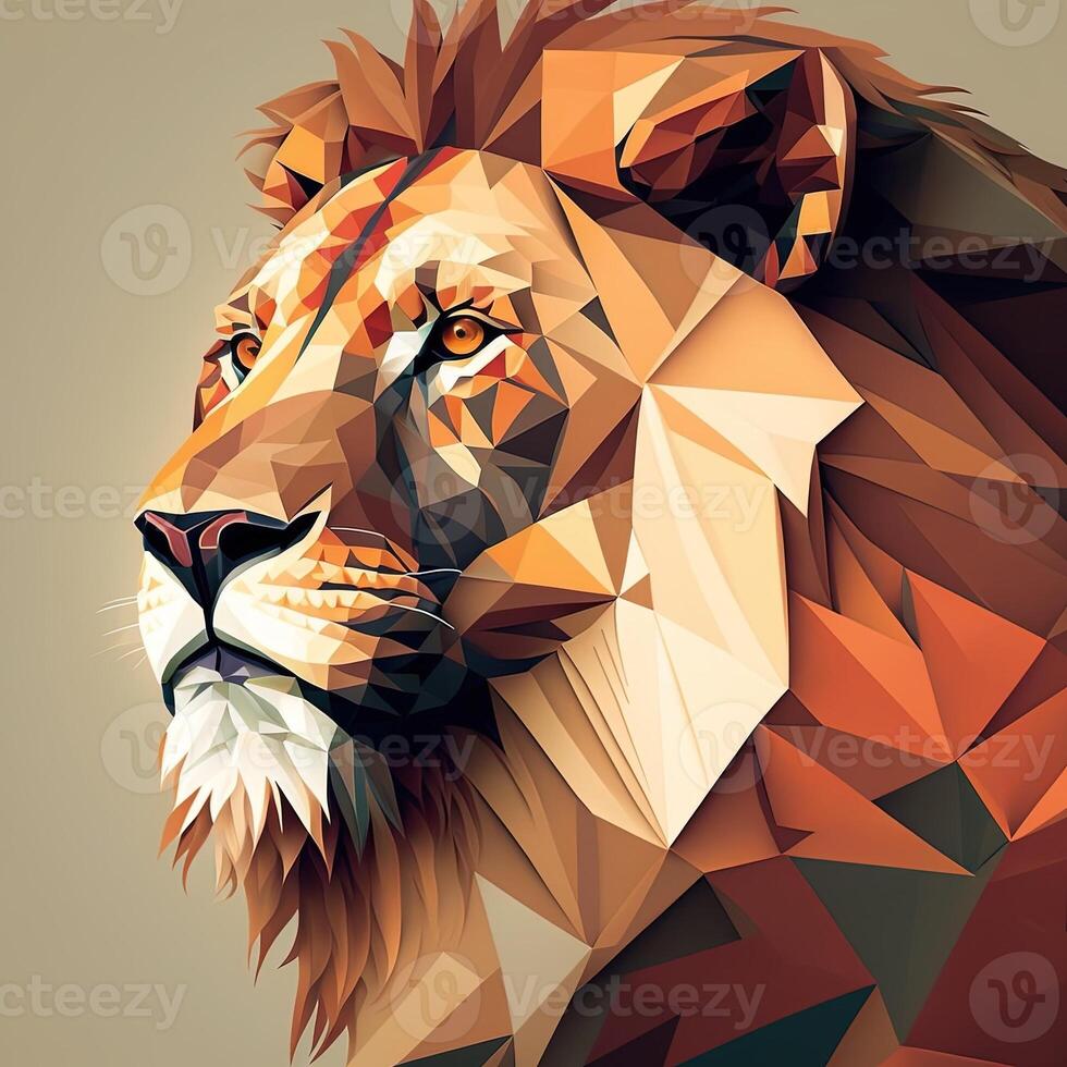 generativo ai ilustración de creativo de león hecho de vistoso geométrico formas en antecedentes. líder, coraje, fuerte y corajudo, majestuoso león foto