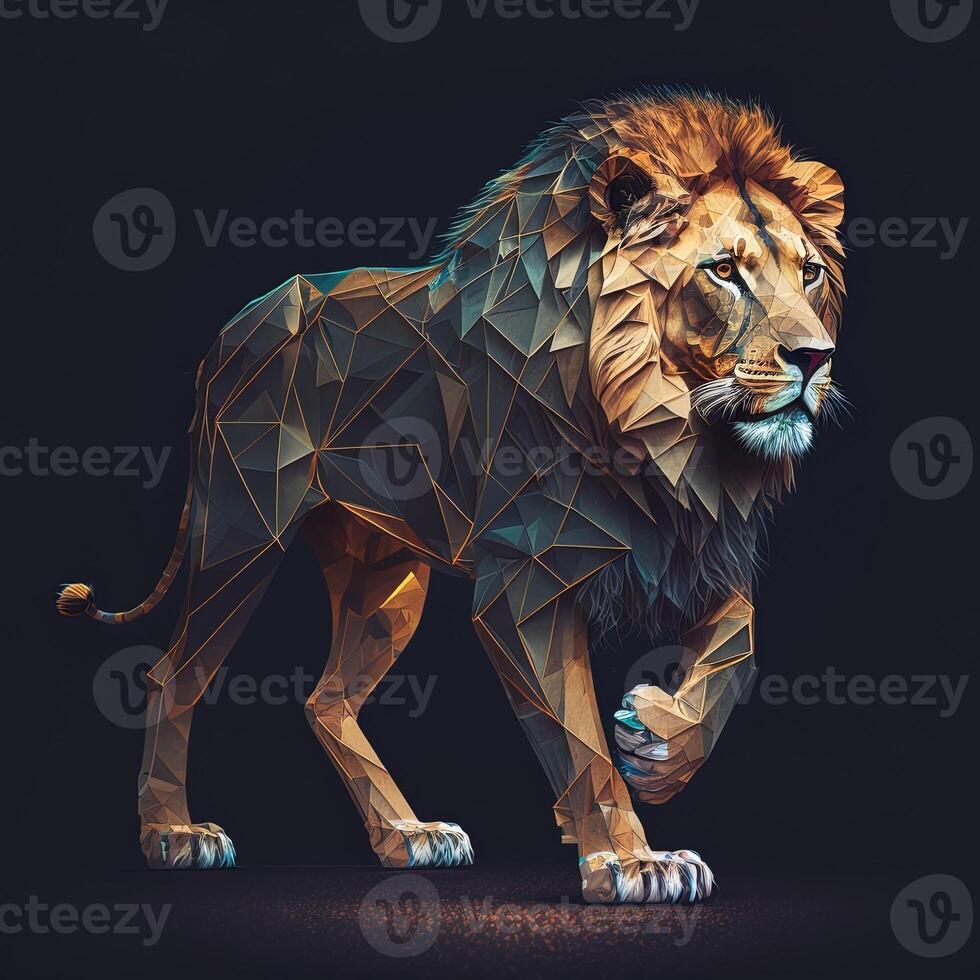 generativo ai ilustración de creativo de león hecho de vistoso geométrico formas en antecedentes. líder, coraje, fuerte y corajudo, majestuoso león foto