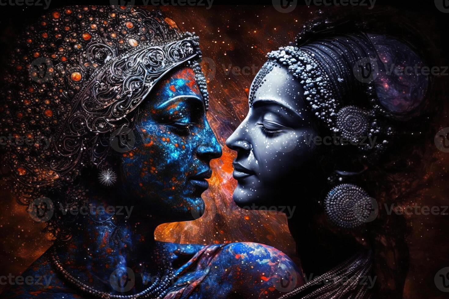 Radha krishna in love medium shot photography portrait of cosmic galactic . symbol of Devine Love. Art Print For Home Decor hindu couple on abstract decorative background photo