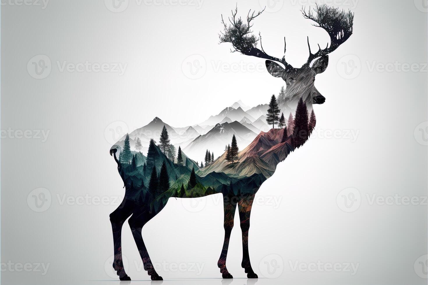 Double exposure of a deer and jungle on white background. Camping concept. Vintage Grizzly for t-shirt design, sticker, poster, and wallpaper. Adventure deer illustration photo