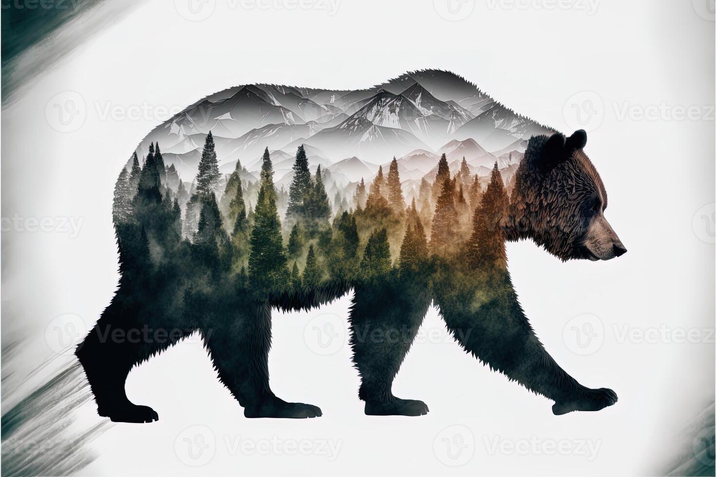 Double exposure of a bear and jungle on white background. Camping concept. Vintage Grizzly for t-shirt design, sticker, poster, and wallpaper. Adventure bear illustration photo