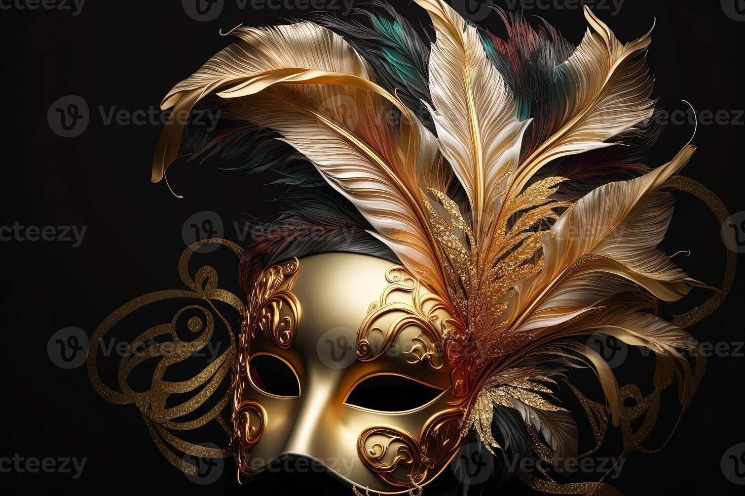 Venetian carnival mask. Gold color, colored feathers. Happy carnival festival, attributes of the Brazilian carnival. Venetian carnival mask and beads decoration. Mardi gras background. photo