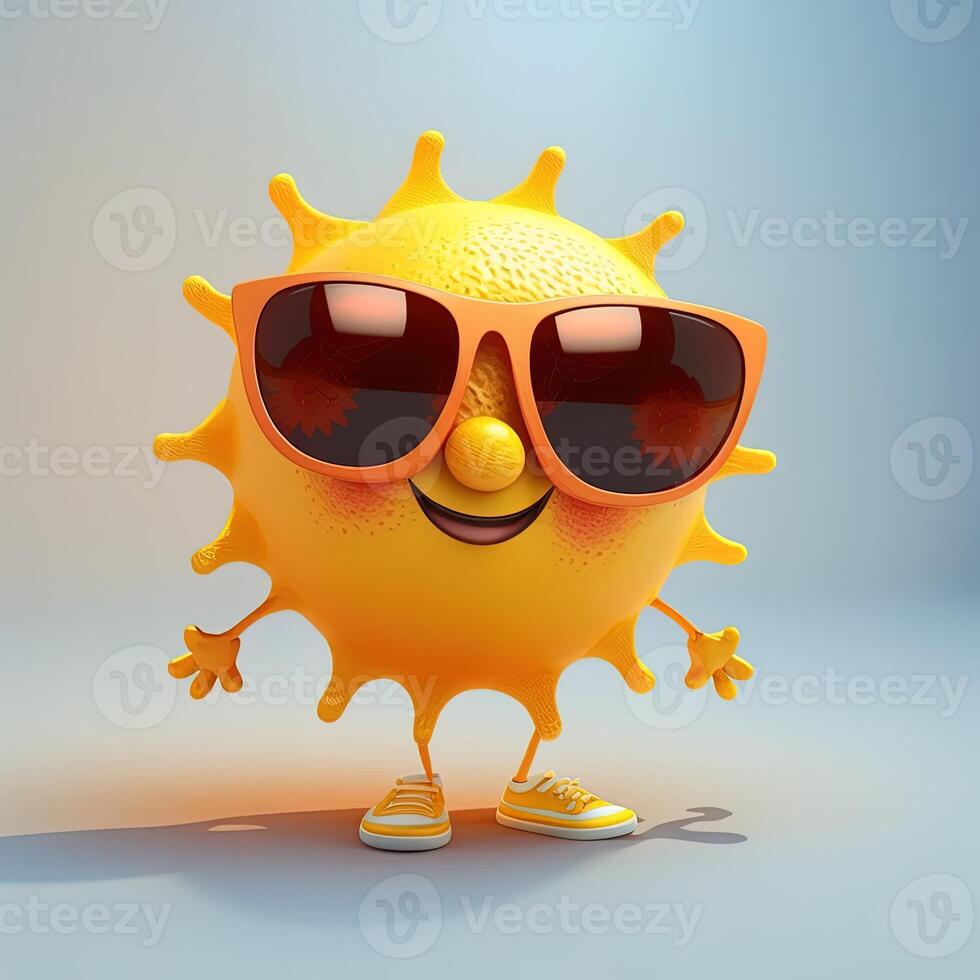 collection of happy, smiling, joyful cartoon style sun characters for summer, vacation design. Cartoon sun character wearing sunglasses. photo