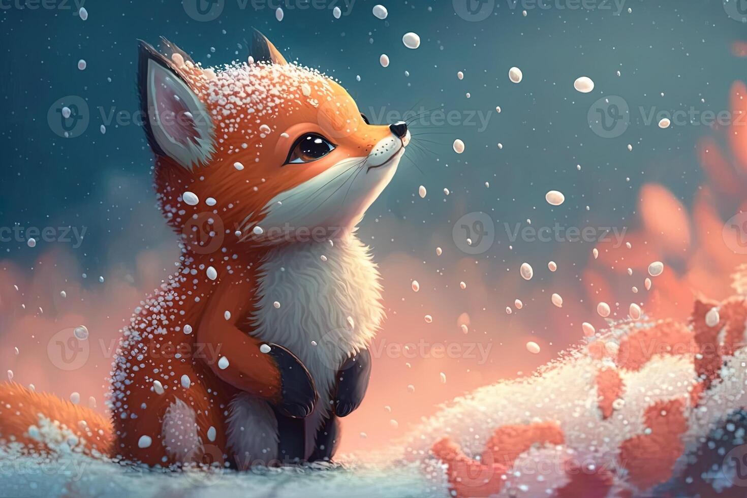 Cute red fox baby cartoon dreamlike in snow, winter, . Animal and landscape concept. photo