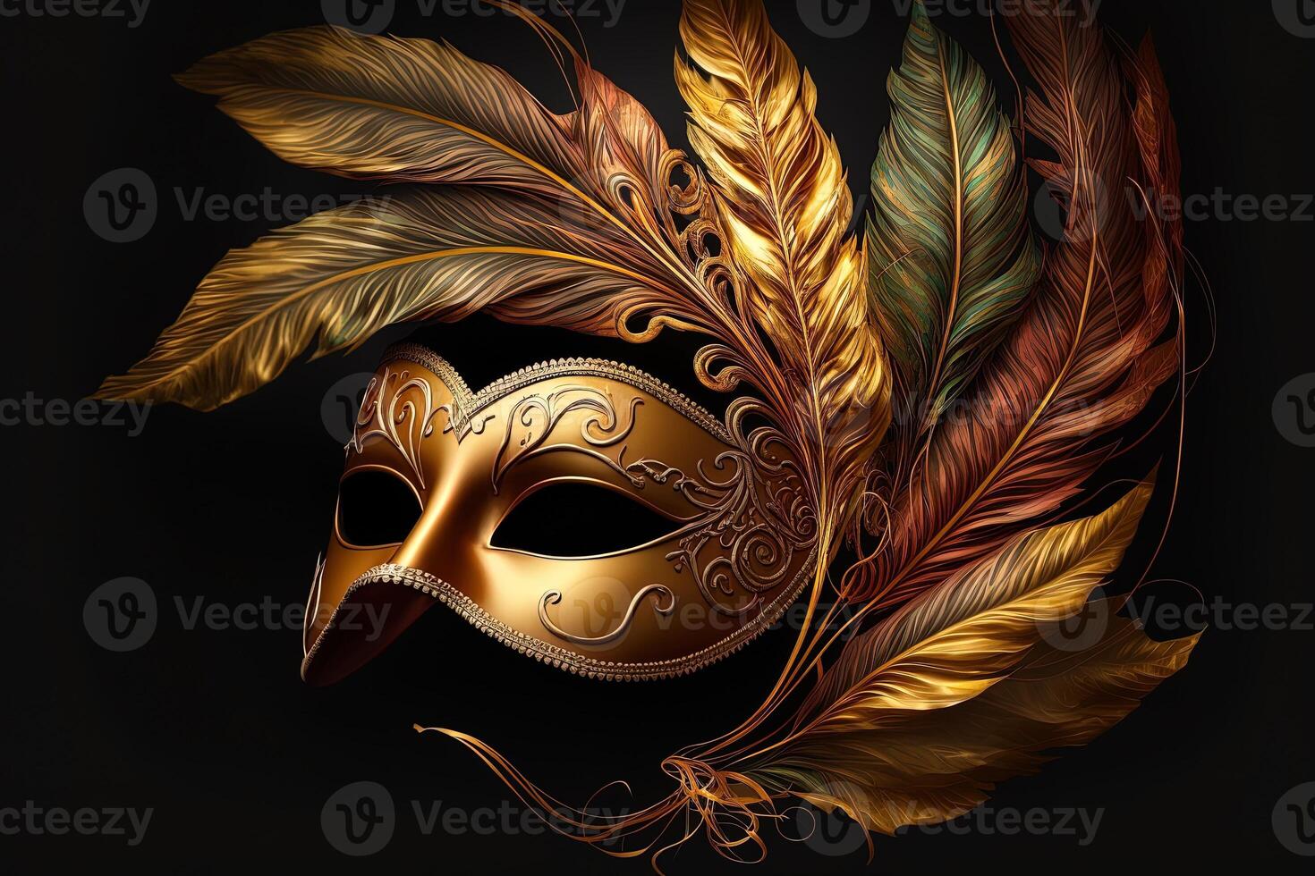 Venetian carnival mask. Gold color, colored feathers. Happy carnival festival, attributes of the Brazilian carnival. Venetian carnival mask and beads decoration. Mardi gras background. photo