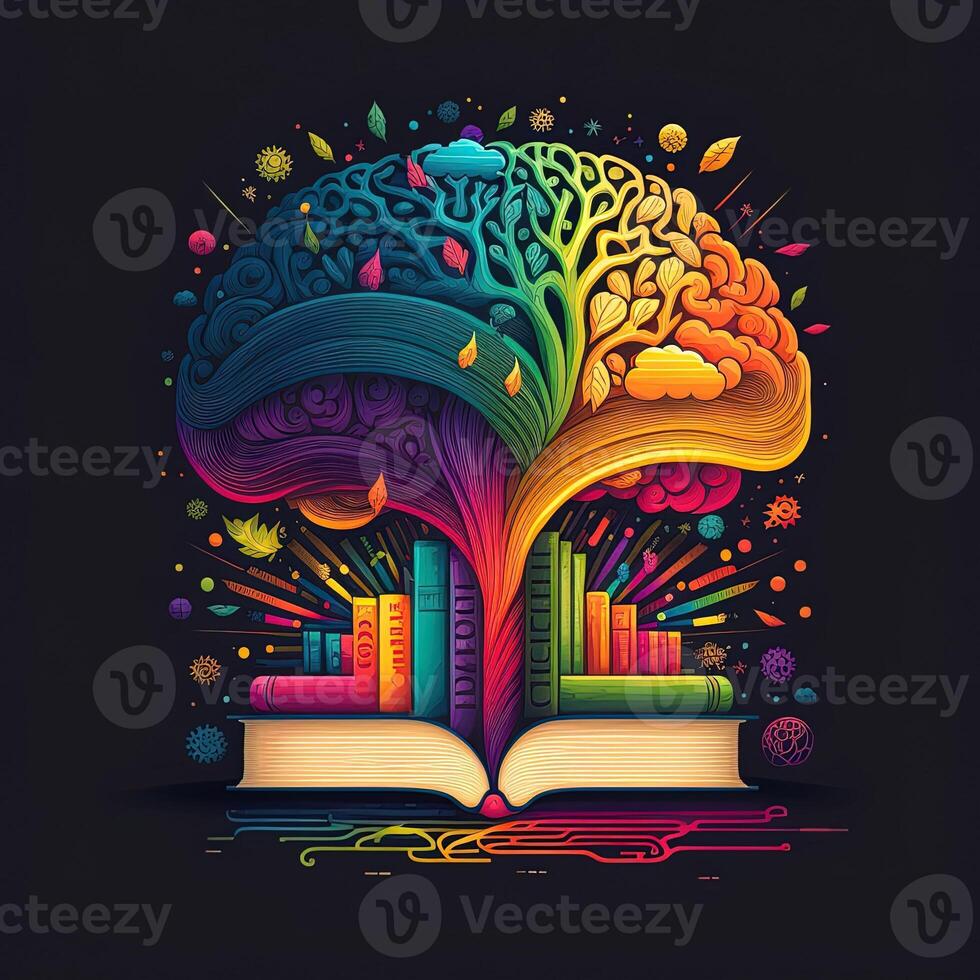 This whimsical image shows a brain with a library inside, its neurons and synapses lit up in a rainbow of joyful colors. A stack of books on a shelf indicates knowledge and learning, photo