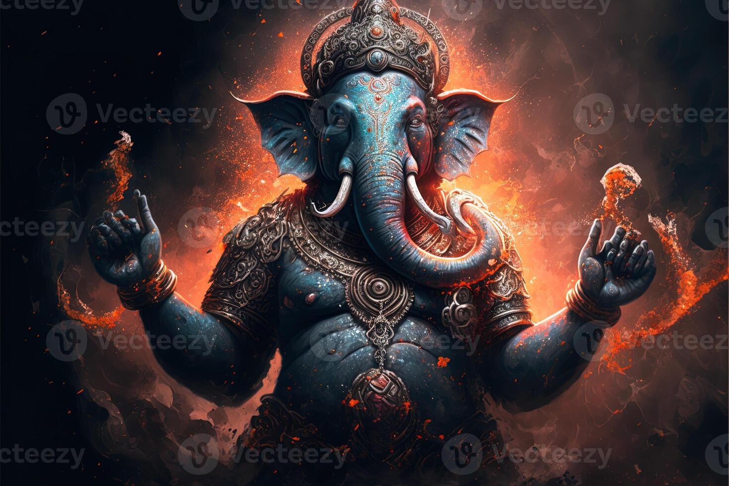 on statue of Lord Ganesha , Ganesha Festival. Hindu religion and Indian celebration of Diwali festival concept on dark, red, yellow background and copy space photo