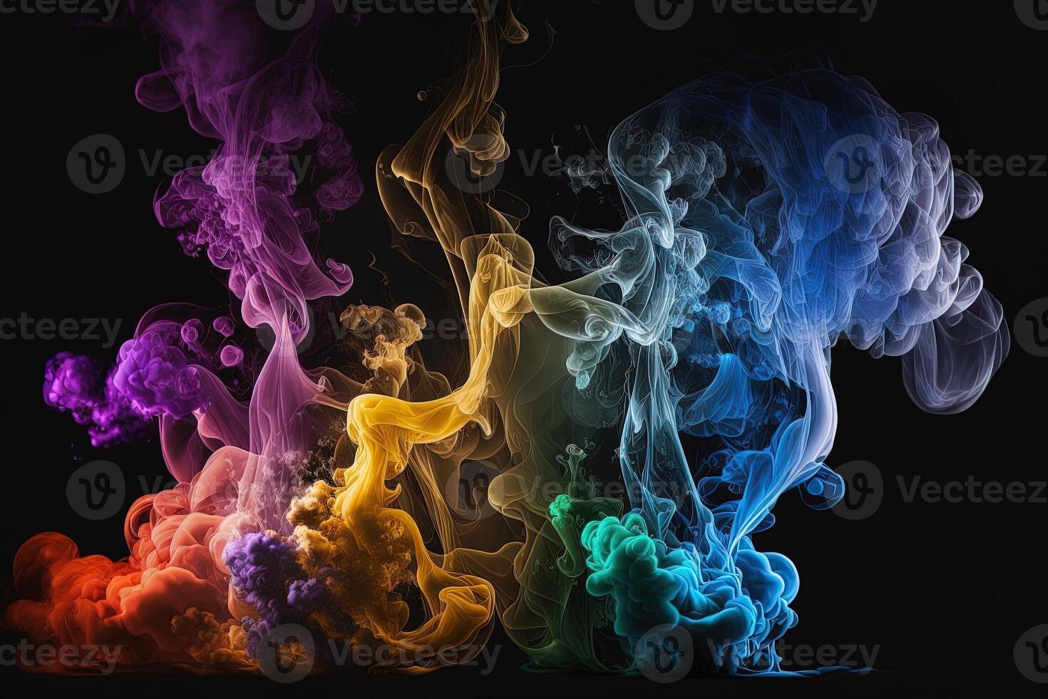 a colorful smoke cloud is shown in this image, it looks like it is floating in the air and is very dark and blue and yellow, with a black background. photo