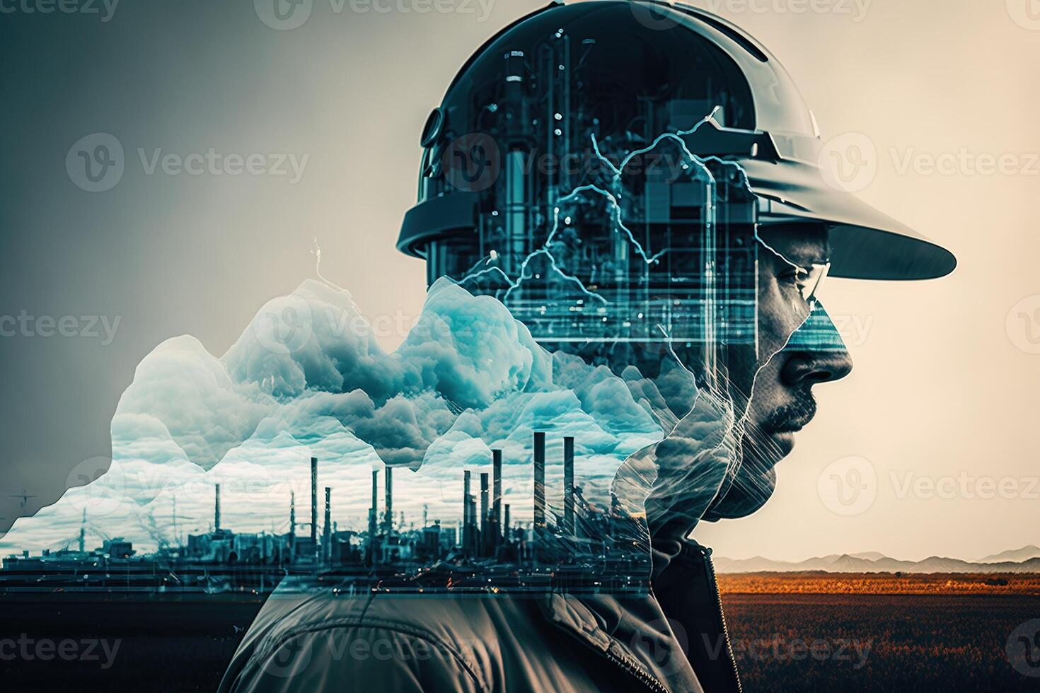 Conceptual graphic design of an energy sector and future manufacturing. With double exposure artwork, an oil, gas, and petrochemical refinery facility demonstrates the future of power. photo