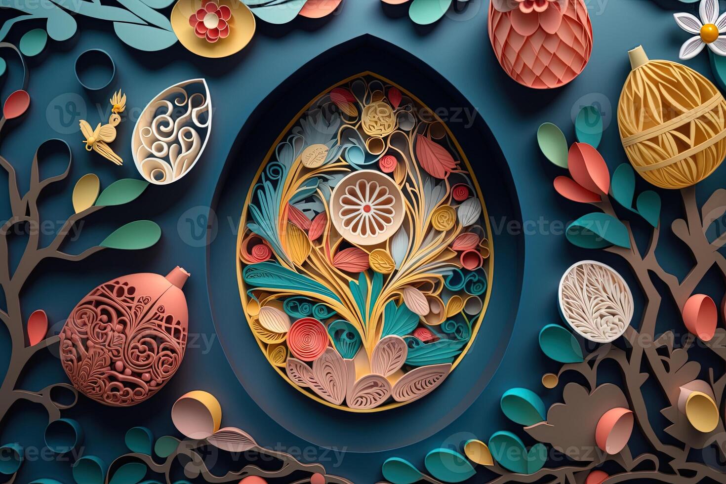 paper cut quilling multi dimensional easter egg in easter celebration, a lot of egg and small rabbit in background. Spring concept. photo