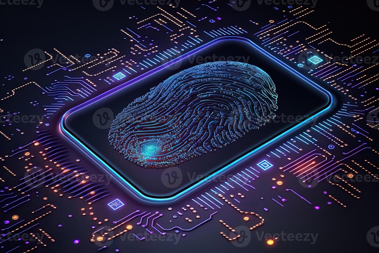 Photo of Holographic Fingerprint Security in the Digital Age, Protecting Big Data with AI Technology . Fingerprint integrated in a printed circuit, releasing binary codes.