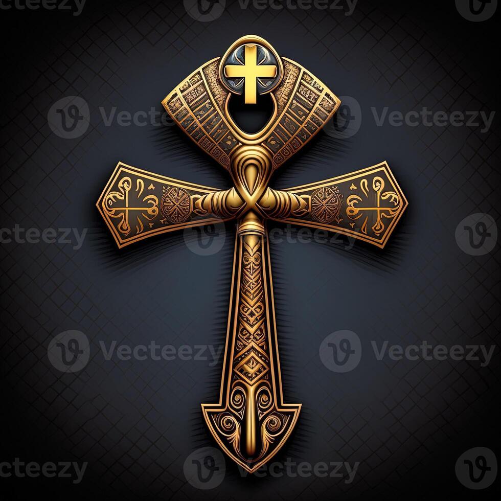 Ancient golden ankh symbol isolated on dark background. Illustration of an Egyptian cross in digital form. The ancient Egyptians used the Ankh as a symbol for eternal life. photo