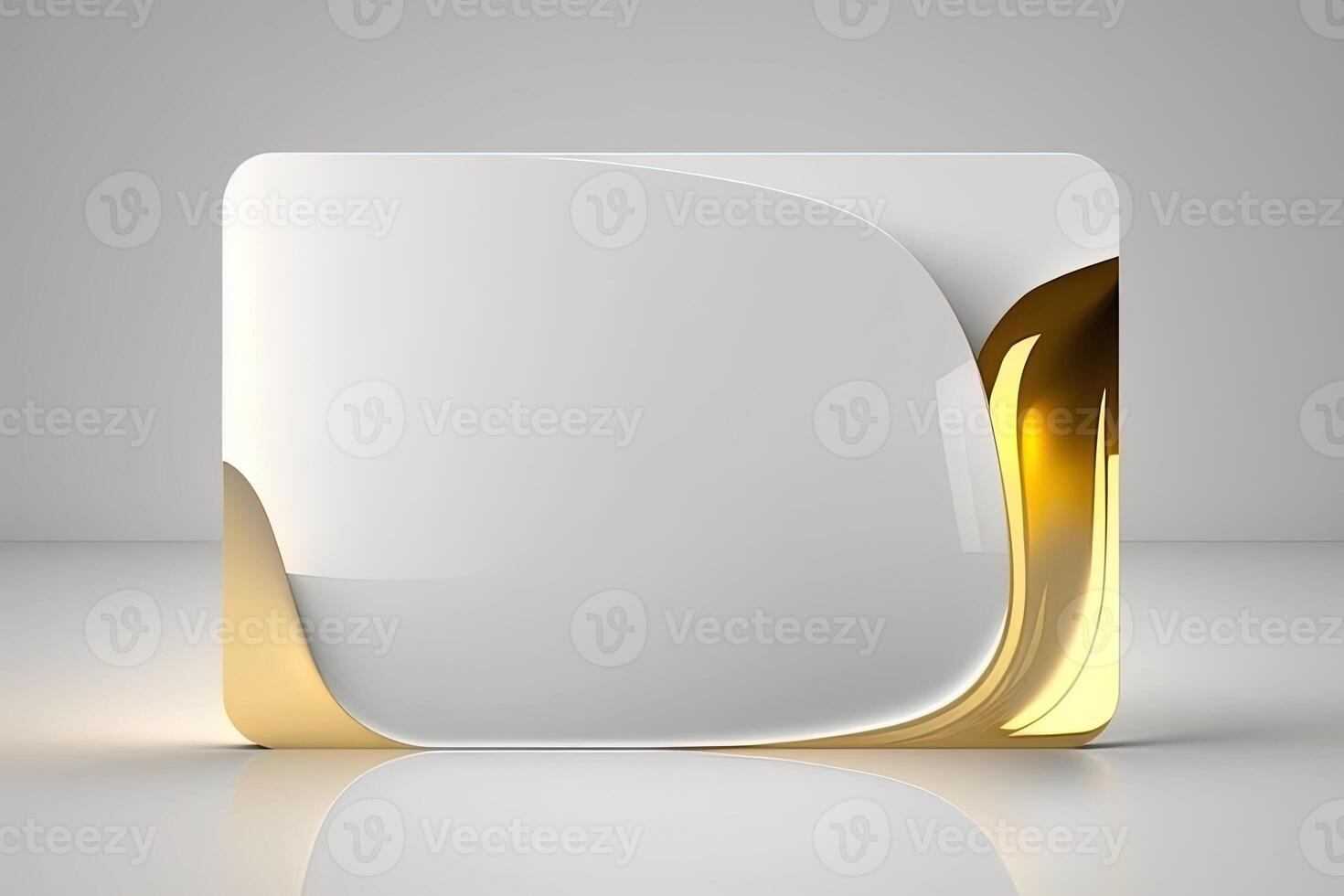 a white card for mockup, horizontal rectangular with rounded corner shapes, front view, stunning light, studio light, reflexion of hundred fine lines of gold reflection, white background photo