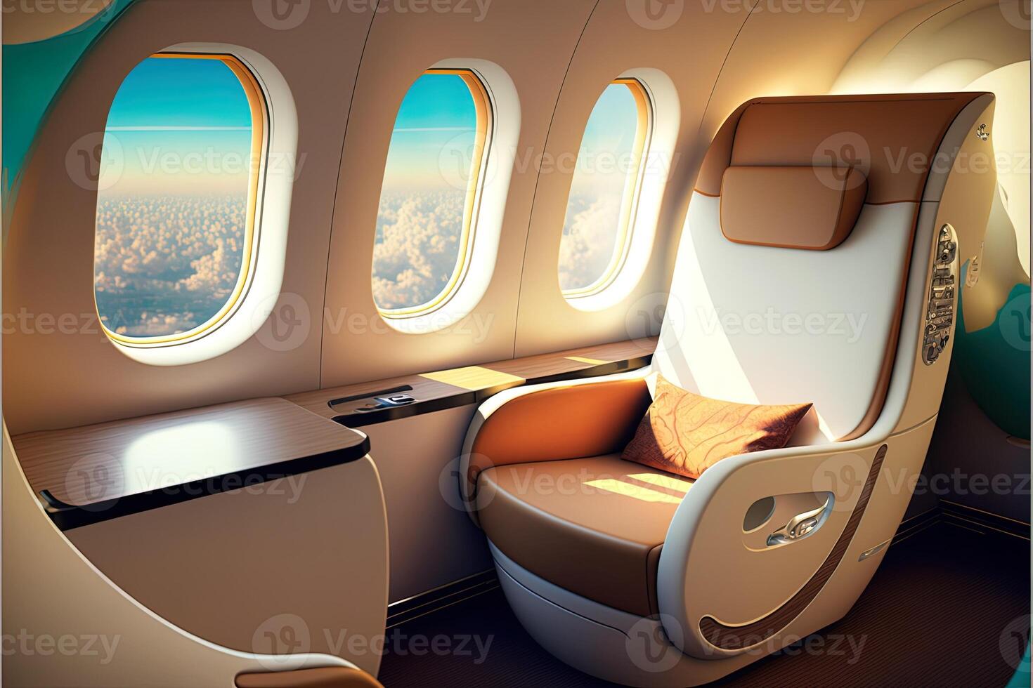 Luxurious first class airplane seat with lots of windows. visualization of the VIP cabin of a business class aircraft. Interior of a Private Jet photo