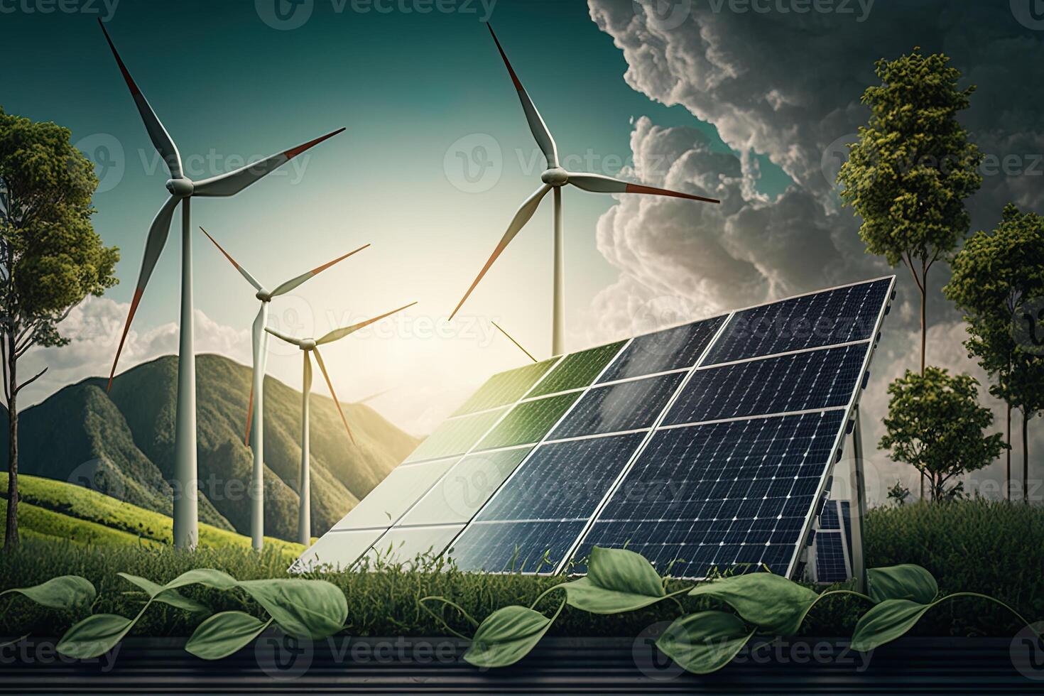 Renewable energy background with green energy as wind turbines and solar panels. green energy concept energy sources sustainable Ecology Elements photo