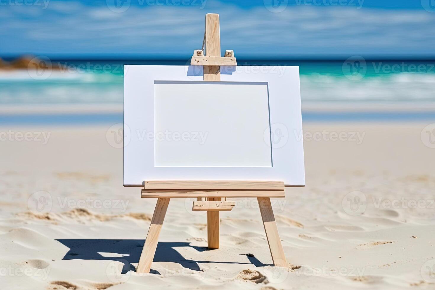 White blank artist frame on a small wooden easel on summer sea beach background with copy space. Advertising mockup artboard for pictures or artwork. Painting frame template banner. photo