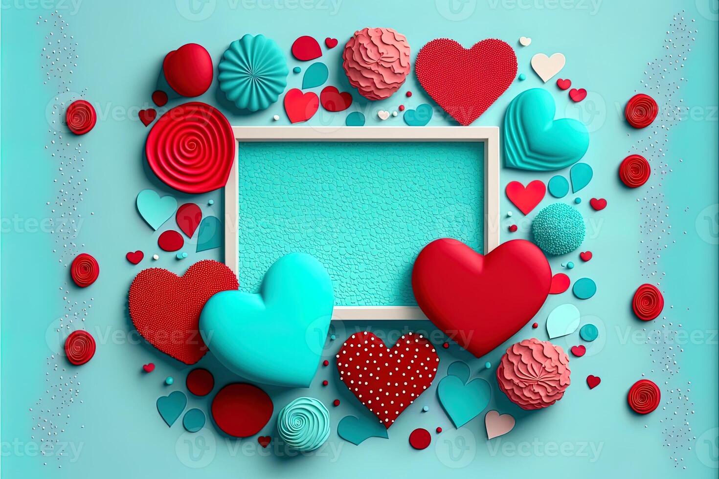 Valentine frame and banner. Red, blue, cyan, pink decoration. flat lay, romantic. Love and valentine day concept. photo