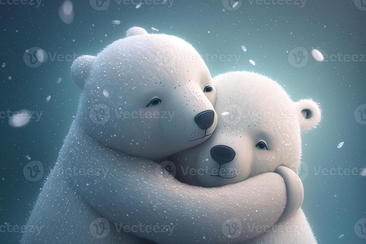 dos linda polar abrazo juntos en blanco nieve antecedentes. madre y bebé polar oso acurrucarse como familia en nieve en invierno. generativo ai foto