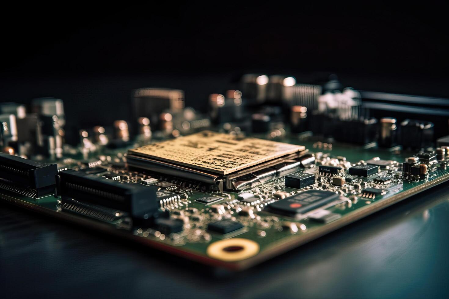 Microcircuit and motherboard close-up on a black background, . photo