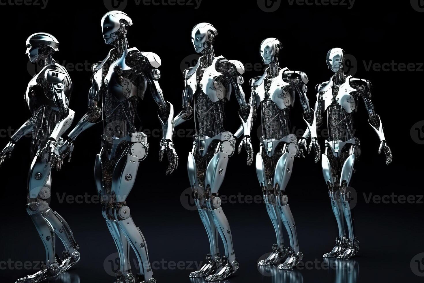 Robots with artificial intelligence in full growth in 3D on a black background, . photo