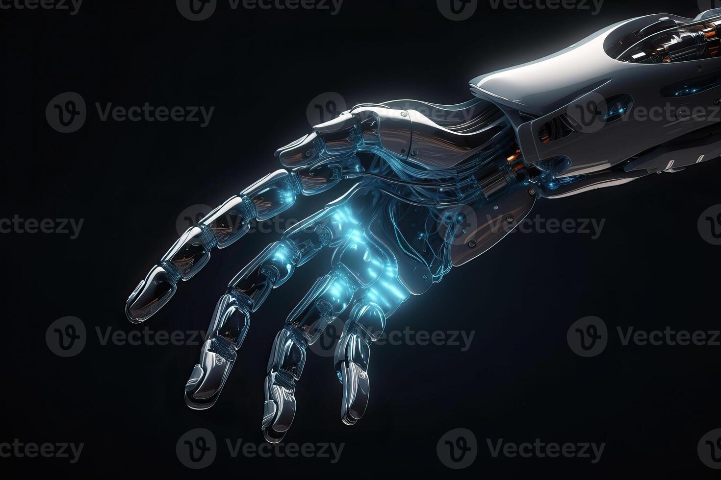 One robot hand close-up on a black background, . photo