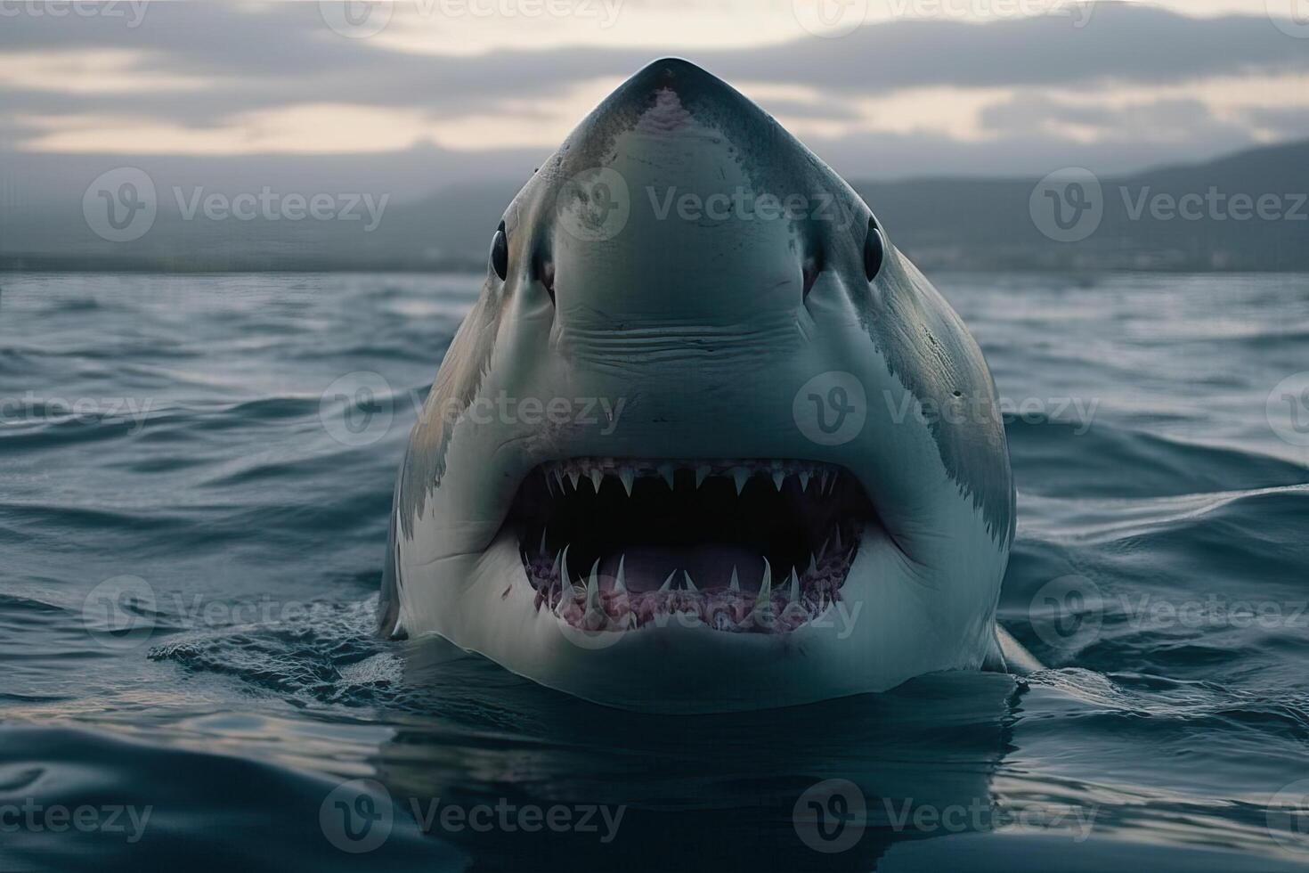 A shark with an open mouth swims underwater, . photo