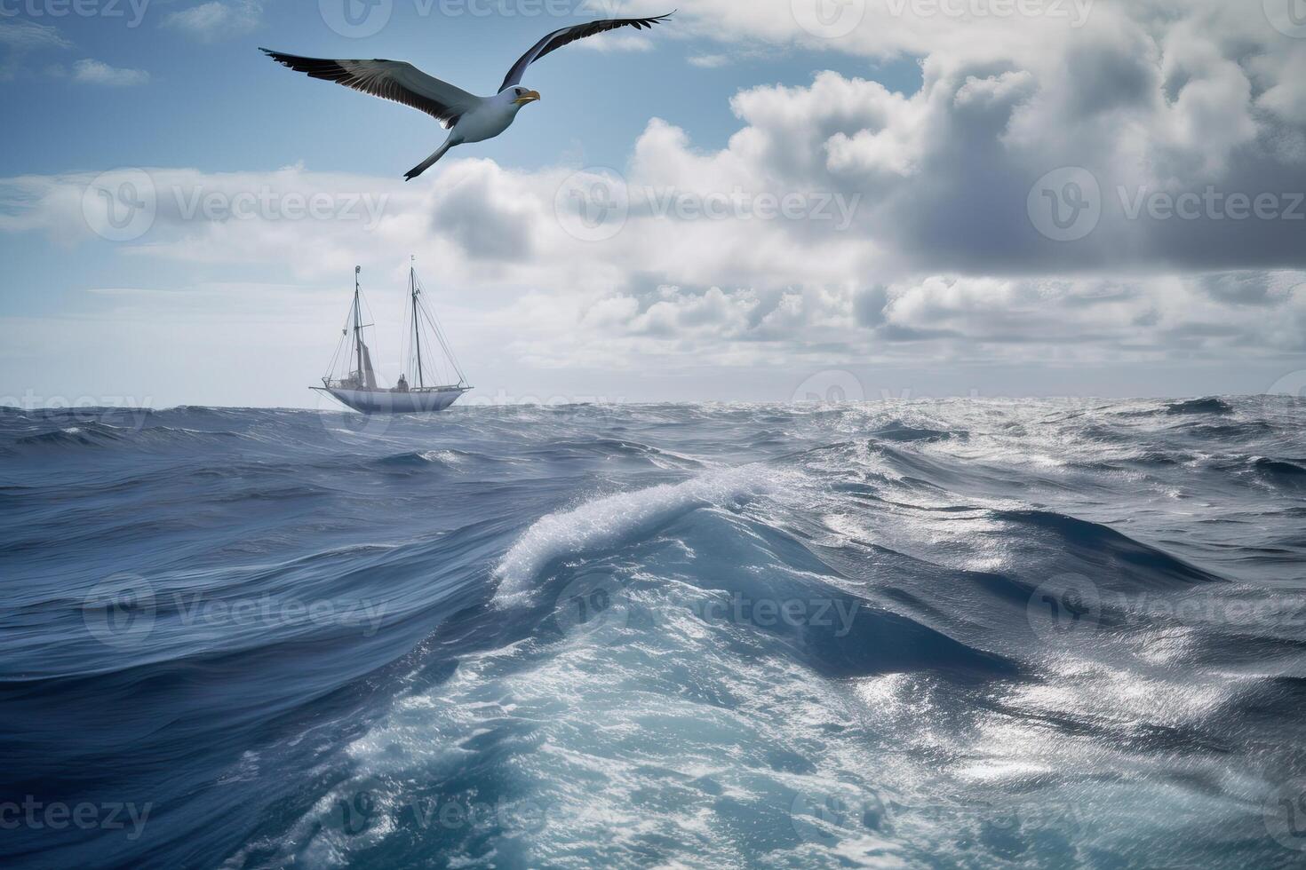 The albatross spreads its wings and flies over the water, . photo