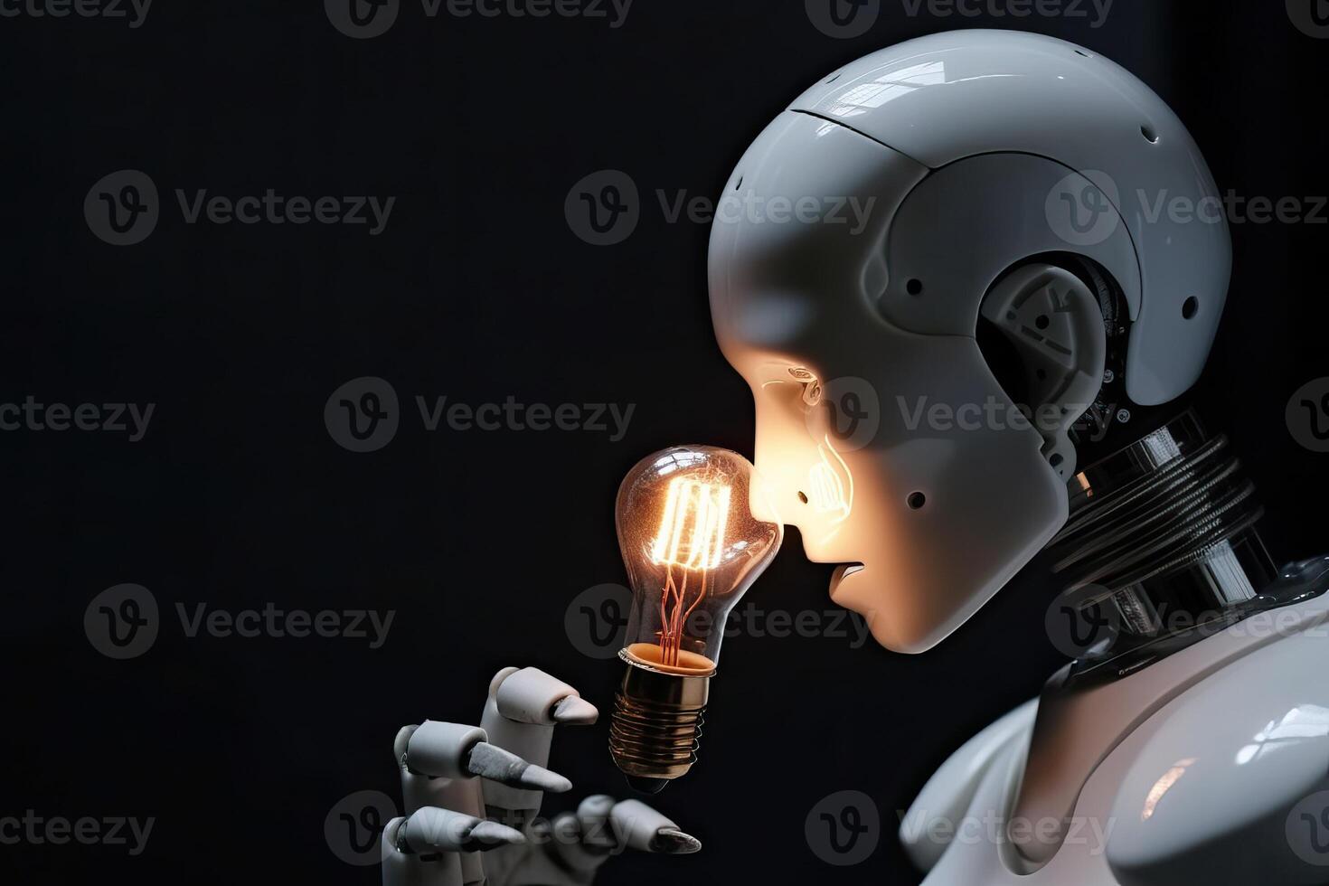 A robot with artificial intelligence holds an electric light bulb in its hands and looks intently at it, . photo