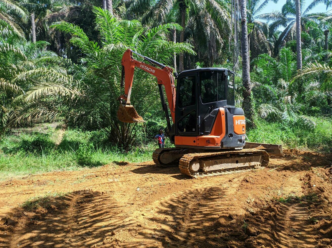 kuaro Kalimantan timur, Indonesia 28 abril 2023. pesado excavador excavación suelo en petróleo palma plantación foto