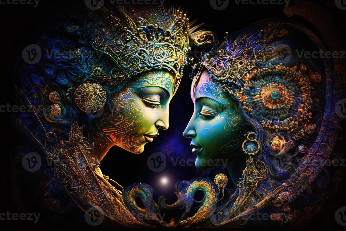 Radha krishna in love medium shot photography portrait of cosmic galactic . symbol of Devine Love. Art Print For Home Decor hindu couple on abstract decorative background photo