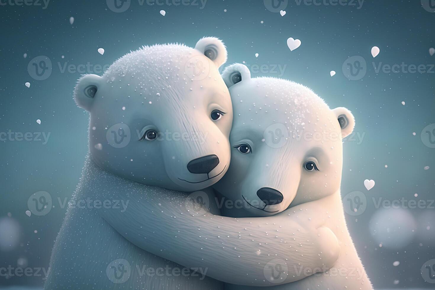 Two cute polar hug together in white snow background. Mother and baby polar bear cuddling as family in snow in winter. photo