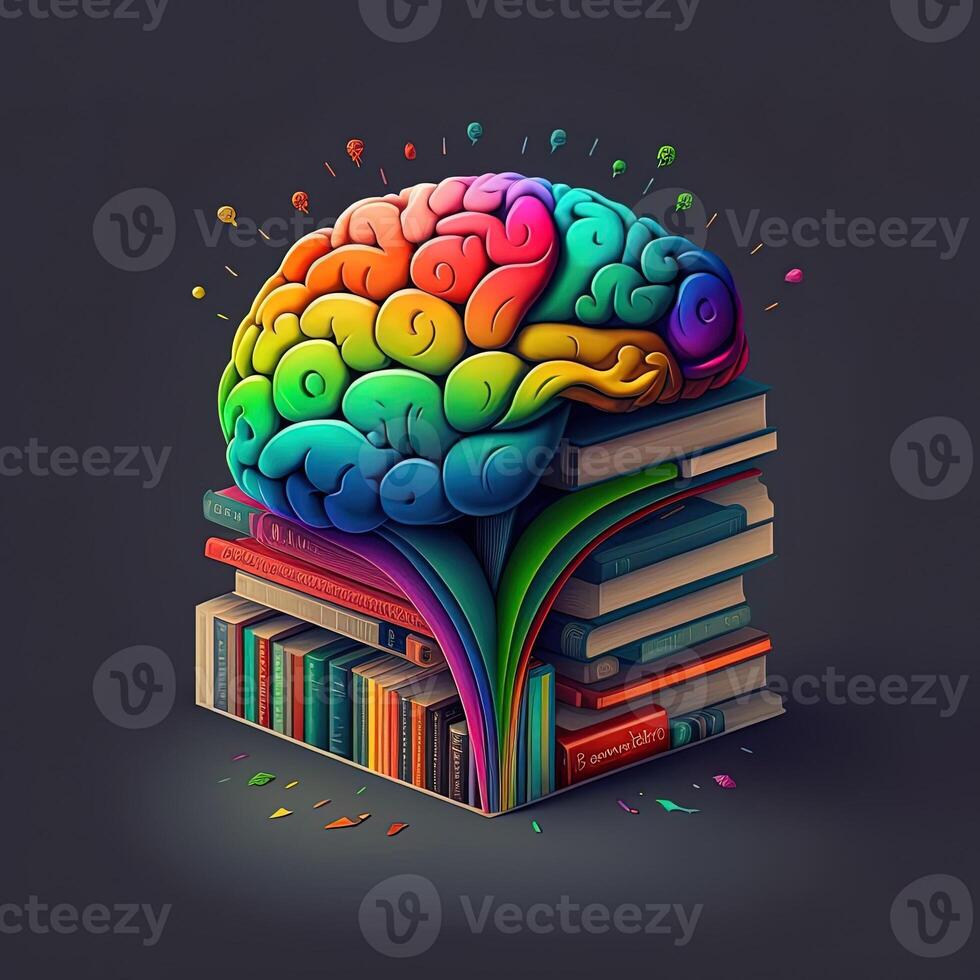 This whimsical image shows a brain with a library inside, its neurons and synapses lit up in a rainbow of joyful colors. A stack of books on a shelf indicates knowledge and learning, photo