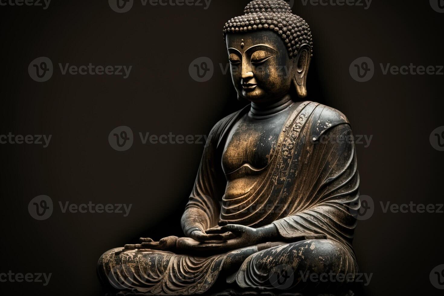 Buddha statue with cherry blossom. Mediation and zen concept. illustration of golden statue of Buddha at zen garden photo