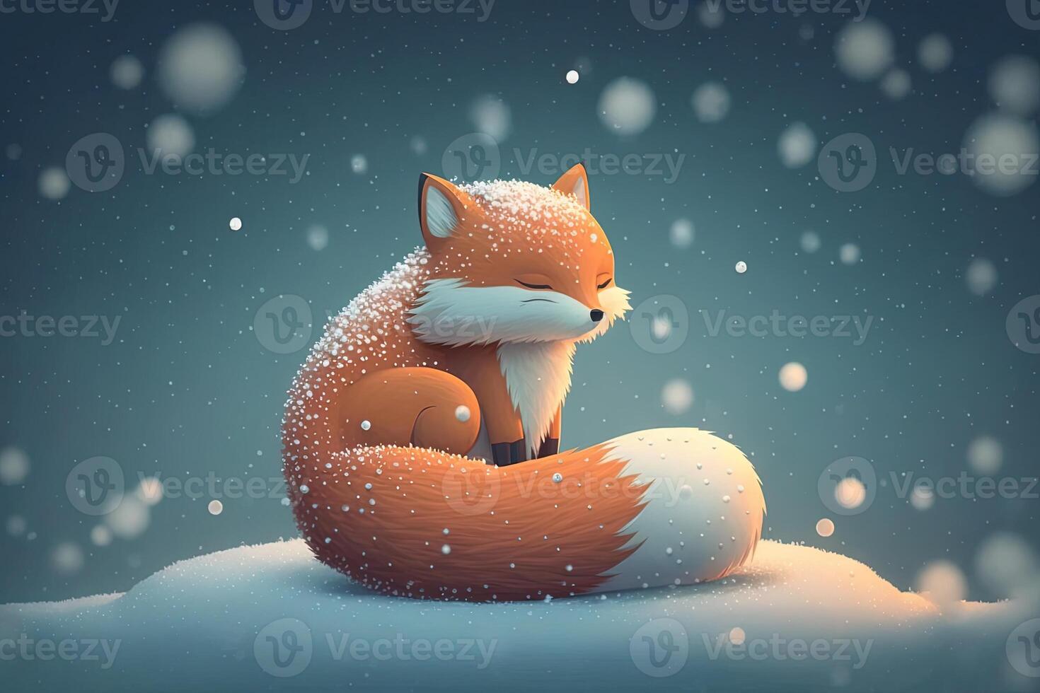 Cute red fox baby cartoon dreamlike in snow, winter, . Animal and landscape concept. photo