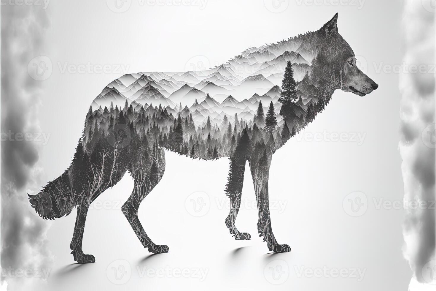 Double exposure of a wolf and jungle on white background. Camping concept. Vintage Grizzly for t-shirt design, sticker, poster, and wallpaper. photo