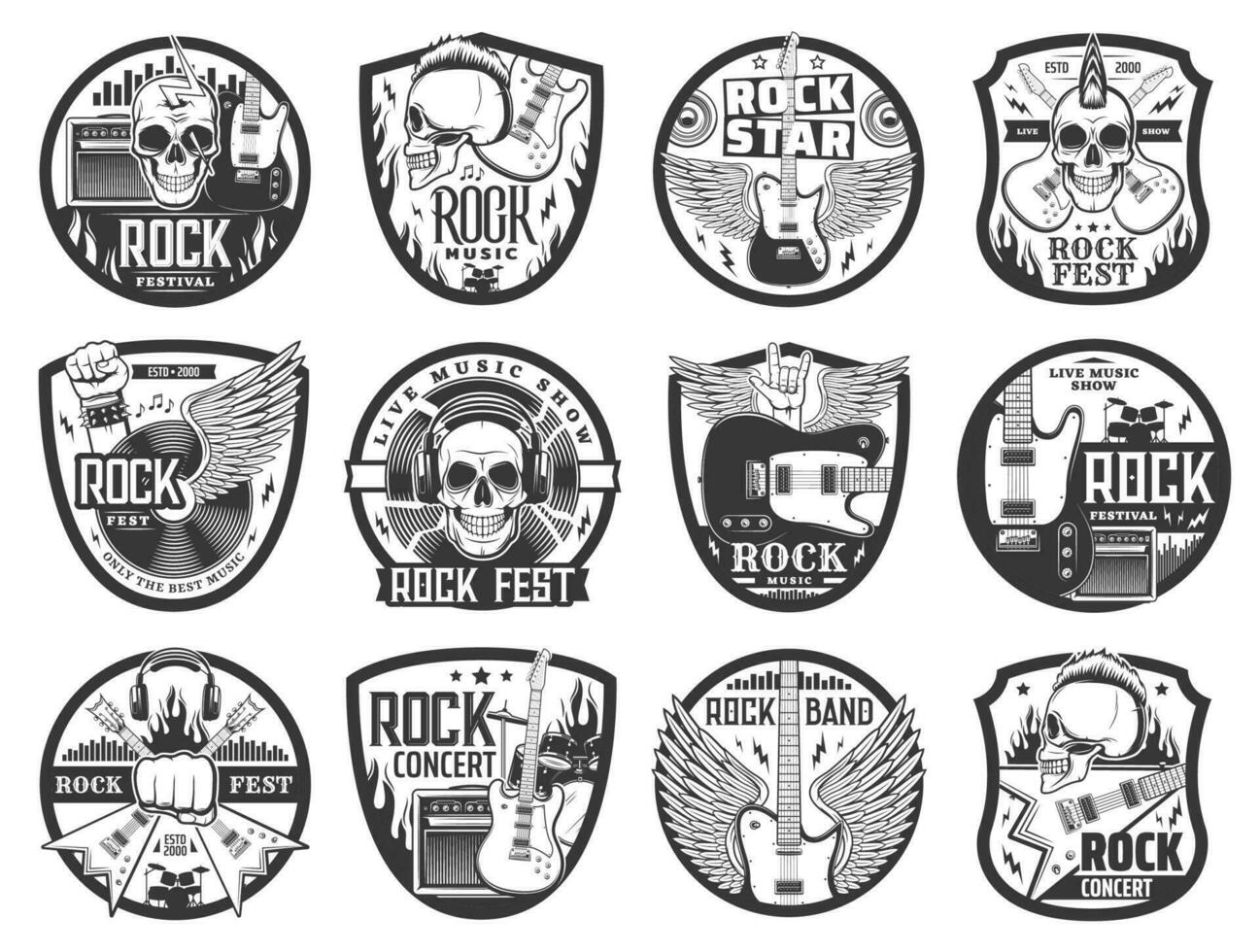 rock música íconos con guitarras, tambores y calaveras vector